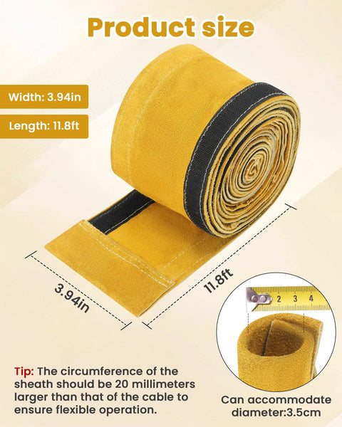 Leather Welding Cable Sleeve with Adjustable Velcro Closure, 3.6M 11.8 Ft length, product size details shown on tape measure.