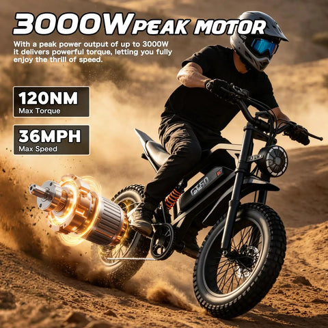Powerful Askgo Electric Dirt Bike For Adults Teens With 2500W Peak Motor, 36 Mph Top Speed, 65 Mile Range, Dual Brake Off Road Ebike, Water Resistant Fat Tire All Terrain With NFC Unlock Technology. Rider on black fat-tire electric dirt bike in sand, 20-inch wheels