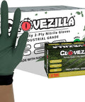 Badass Industrial Two Ply Nitrile Gloves, 8.5 Mil Thick With Raised Diamond Grip For Rip And Chemical Resistance, Disposable Latex Free, X Large, 1000 Count Per Box For Your Daily Grind displayed with box, showing green glove.