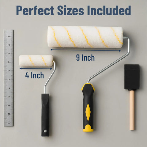 Paint Roller Kit With 19 Handy Essentials Including Microfiber Sleeves, Roller Frames, Tray, Angled Brush, Foam Brush, Scrapers And Drop Cloth For Walls, Cabinets, Interior And Exterior Painting Projects