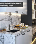 Modern kitchen with marble countertop, featuring 30 Pack Go To Matte Black Cabinet Knobs For Cabinets And Dresser Drawers.