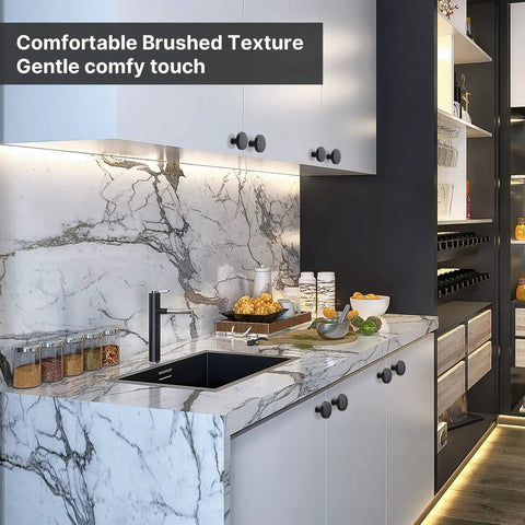 Modern kitchen with marble countertop, featuring 30 Pack Go To Matte Black Cabinet Knobs For Cabinets And Dresser Drawers.