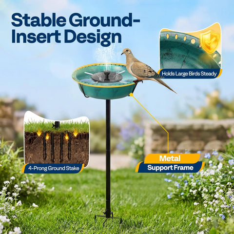 Solar Powered Bird Bath Fountain For Outdoors With Weather Resistant ABS Bowl And Ground Stake Includes 4 Detachable Support Rods