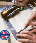 Person using Exacto Knife Set For Precision Crafting, 16 Piece Hobby Knife Kit With Razor Sharp Blades on leather with tools