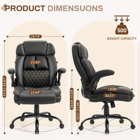Ergonomic Big And Tall Office Chair With Four Point Massage And Heat 500 Lb Capacity dimensions front and side view diagram