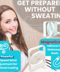 Ultra Thin Magnetic Cruise Fan That Locks Onto Walls Or Ceilings Solid Grip Portable Rechargeable Cooling Buddy in use for makeup.