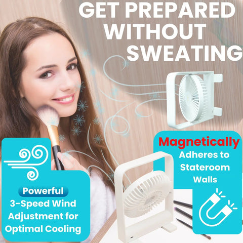 Ultra Thin Magnetic Cruise Fan That Locks Onto Walls Or Ceilings Solid Grip Portable Rechargeable Cooling Buddy in use for makeup.