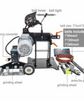 Heavy Duty Belt Sander With Variable Speed And Flip Orientations Includes Full Set Of Coarse To Fine Grit Bands Plus Grinding Discs, detailed view with motor and accessories.