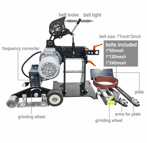 Heavy Duty Belt Sander With Variable Speed And Flip Orientations Includes Full Set Of Coarse To Fine Grit Bands Plus Grinding Discs, detailed view with motor and accessories.