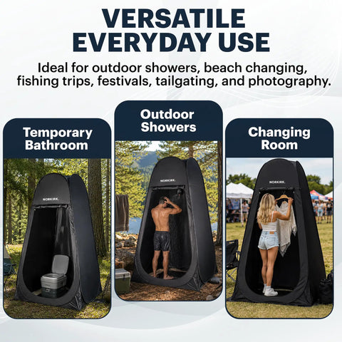 Pop Up Privacy Tent With Mesh Floor for Quick Outdoor Shower, Changing Room, Portable Toilet Stall shown in different uses