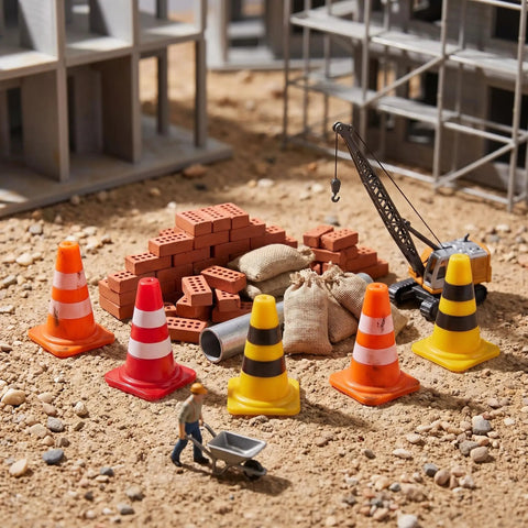 Mini traffic cones bulk pack in assorted colors beside bricks and construction site, designed for model layouts or events.