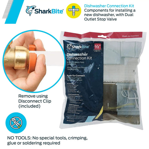 Dishwasher Connection Kit With Push To Connect Brass Fittings For PEX Copper CPVC PERT HDPE packaging and usage guide.
