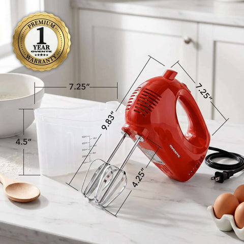 Top Tier Five Speed Electric Hand Mixer With Slick Adjustable Controls And A Sturdy Red Storage Case For Blazing Through Whipping Cream Beating Egg Whites And Making Flawless Batter On The Daily, displayed with measuring dimensions.