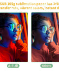 Comparison of A-SUB 105g sublimation paper with vibrant colors and instant dry feature