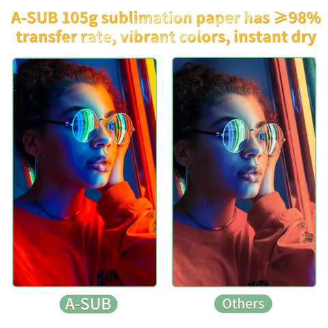 Comparison of A-SUB 105g sublimation paper with vibrant colors and instant dry feature