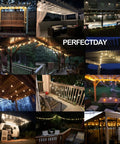 Outdoor Solar String Lights G40 Umbrella Lights, 27 Ft, 25 Shatterproof LEDs on pergolas and patios, creating a warm ambiance.