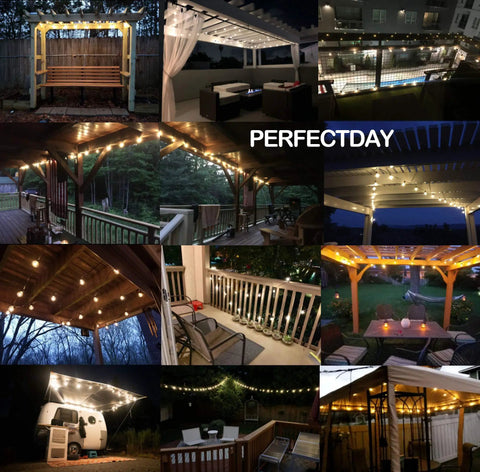 Outdoor Solar String Lights G40 Umbrella Lights, 27 Ft, 25 Shatterproof LEDs on pergolas and patios, creating a warm ambiance.