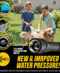 Front view of BIONIC STEEL 50 ft metal garden hose with sprayer nozzle, 5/8 in, black, for lawn and patio use