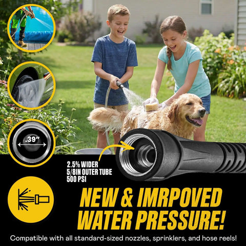 Children washing a dog with a Stainless Steel Garden Hose With Sprayer Nozzle, Heavy Duty 100 Ft Non Kinking Water Hose Five Eighths Inch, 500 PSI.
