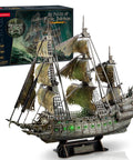 LED Flying Dutchman 3D Puzzle for Adults 360 Piece Ship Model Desk Decor with spooky details and box packaging visible.