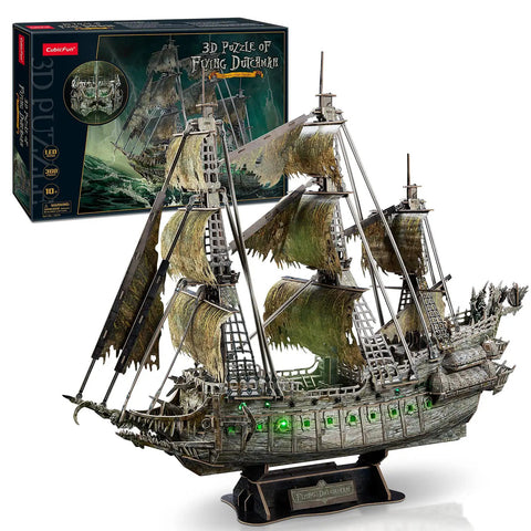 LED Flying Dutchman 3D Puzzle for Adults 360 Piece Ship Model Desk Decor with spooky details and box packaging visible.