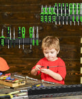 Child using screwdriver with Heavy Duty Metal Tool Organizer Wall Mount For Screwdrivers And Pliers, Space Saving Storage Rack visible.