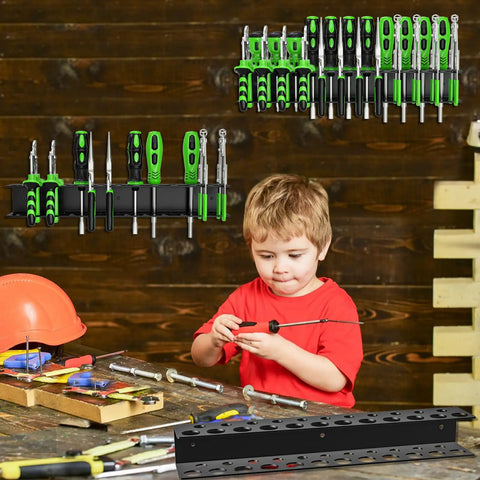 Child using screwdriver with Heavy Duty Metal Tool Organizer Wall Mount For Screwdrivers And Pliers, Space Saving Storage Rack visible.