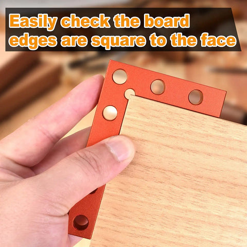 Hand using Mini Center Finder Tool 90 Degree Precision Machinist Square Quick Measuring Square For Woodworking Pocket Layout Carpenters Square With Extended Body And Pencil Friendly Center Marking Hole against wood edge