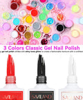 Acrylic Nail Kit With UV Light For Home DIY Easy Starter Set Includes Nail Drill Mini Lamp Base And Top Coat Gel Polish Trio Of Acrylic Powders Brushes Manicure Tools And Nail Art Supplies showing three gel polishes in red, black, and white with glitter powders.