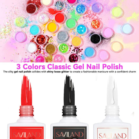 Acrylic Nail Kit With UV Light For Home DIY Easy Starter Set Includes Nail Drill Mini Lamp Base And Top Coat Gel Polish Trio Of Acrylic Powders Brushes Manicure Tools And Nail Art Supplies showing three gel polishes in red, black, and white with glitter powders.