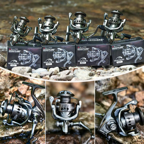 Ultra Smooth Spinning Reel With 12 Plus 1 Bearings, 5 To 1 Gear Ratio, CNC Aluminum Spool displayed on rocks