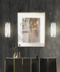2 Pack Crystal Kitchen Island Pendant Lights With Nickel Finish, hanging above a modern console in a stylish interior.