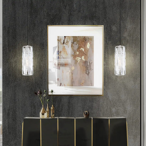 2 Pack Crystal Kitchen Island Pendant Lights With Nickel Finish, hanging above a modern console in a stylish interior.
