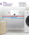 Super Compact 18 Kilowatt Electric Tankless Water Heater For Under Sink Setup With Endless Instant Hot Water And Built Tough Design That Keeps The Warm Water Flowing Smooth All Day Long mounted on wall with plumbing instructions visible.
