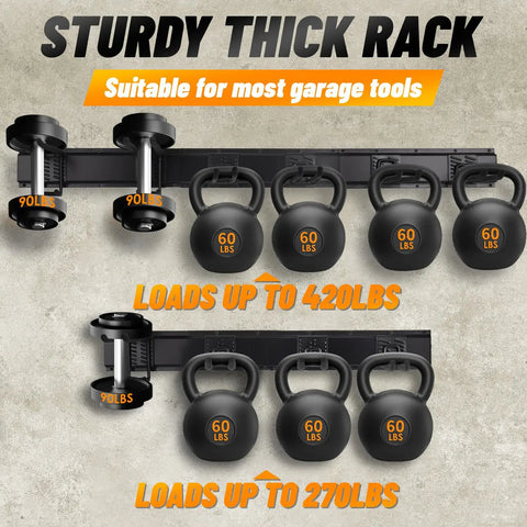 Garage Storage System With Wall Mount Tool Organizer And Heavy Duty Metal Hooks, holds dumbbells and kettlebells