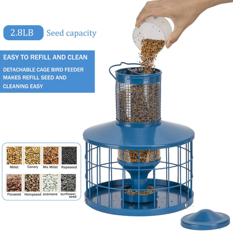 Metal Squirrel-Proof Bird Feeder With 2.8 Lb Seed Capacity, Cage Tube Seed Feeder With Tray, Outdoor use for backyards shown