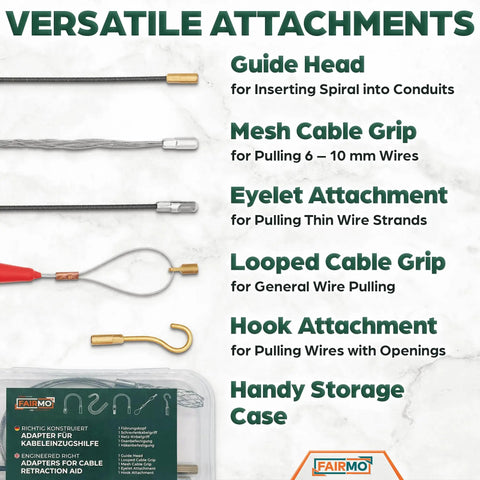 Fairmo 98.5 Ft Fish Tape With Extra Adapters Heavy Duty Pet Fiber Wire Puller Tool Kit attachments displayed on storage case.
