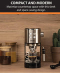 Heavy Duty 15 Bar Espresso Maker With Sca Certified Precision Temperature Control And Sleek Automatic Milk Frother Plus Fast Heat Cup Warmer For Real Deal Home Barista Magic on a wooden countertop.