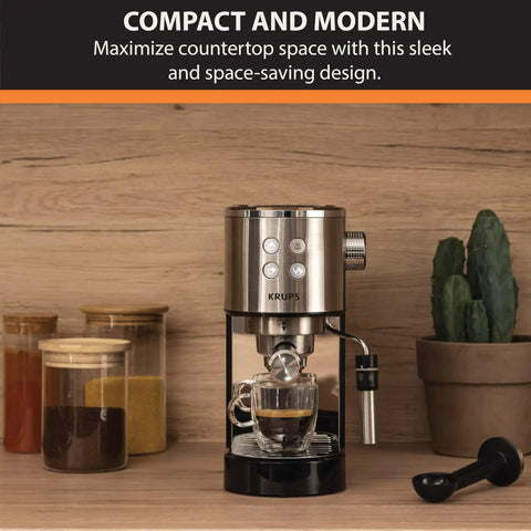 Heavy Duty 15 Bar Espresso Maker With Sca Certified Precision Temperature Control And Sleek Automatic Milk Frother Plus Fast Heat Cup Warmer For Real Deal Home Barista Magic on a wooden countertop.