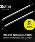 Two 350mm iCUE LS100 Smart Lighting Strips Expansion Kit with 21 Addressable LEDs each, shown with specifications and details.