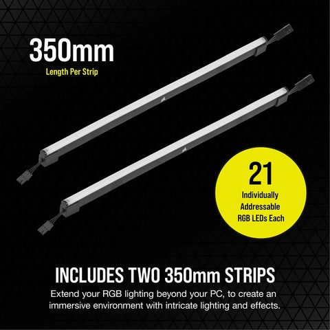 Two 350mm iCUE LS100 Smart Lighting Strips Expansion Kit with 21 Addressable LEDs each, shown with specifications and details.