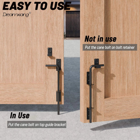 12 Inch Heavy Duty Cane Bolt Gate Drop Rod Set for wood fences shown installed and not in use with black solid steel latch.