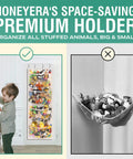 Over Door Stuffed Animal Storage Organizer With Hanging Mesh Net Hammock Plush Toy Holder for bedrooms shown with child