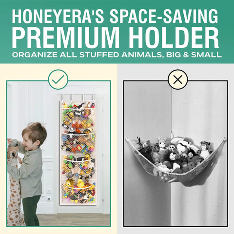 Over Door Stuffed Animal Storage Organizer With Hanging Mesh Net Hammock Plush Toy Holder for bedrooms shown with child