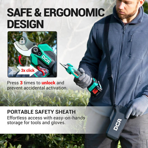 Cordless 20v Brushless Electric Pruning Shears With Dual 20ah Batteries And Sk5 Steel Blades Make Snipping Garden Limbs A Smooth Piece Of Cake Up To 14 Inches Easily in use with safety sheath.