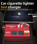 1000 Watt DC To 110V AC Vehicle Power Inverter With Dual AC Outlets USB C PD 30W Fast Charge Inline Cigarette Adapter showing dual ports and a charging device.