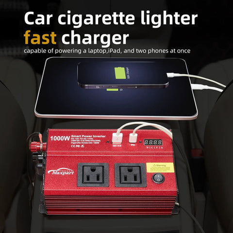1000 Watt DC To 110V AC Vehicle Power Inverter With Dual AC Outlets USB C PD 30W Fast Charge Inline Cigarette Adapter showing dual ports and a charging device.