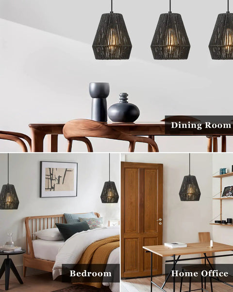 Modern Woven Pendant Light Fixtures Set Of 3 7 Inch Matte Black Dope Boho Farmhouse Coastal Hanging Lamps in dining room, bedroom, and home office.