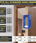 Blue Door Hinge Jig And Router Template for 3 to 5 inch hinges installed on door with round and square hinge options visible.