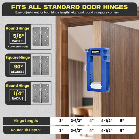 Blue Door Hinge Jig And Router Template for 3 to 5 inch hinges installed on door with round and square hinge options visible.